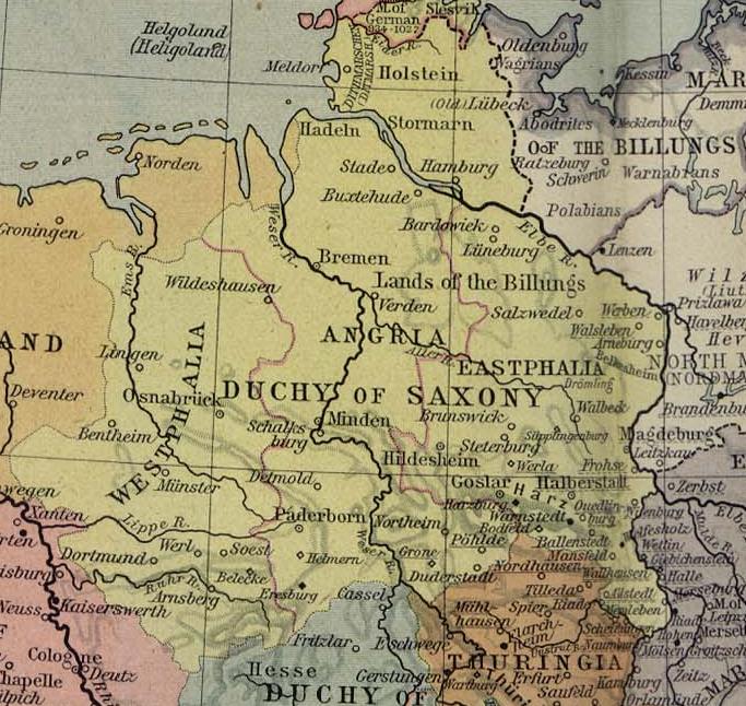 Ostfalen als Eastphalia auf einer englischen Karte aus dem 19. Jahrhundert 